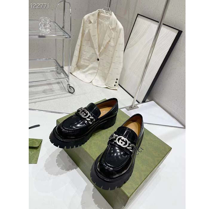 Gucci Women GG Interlocking G Lug Sole Loafer Black Leather Rubber Flat 1.5 CM Heel
