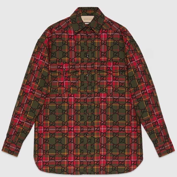 Gucci Men GG Tartan Wool Shirt Green Red GG Point Collar Long Sleeves Button Cuffs