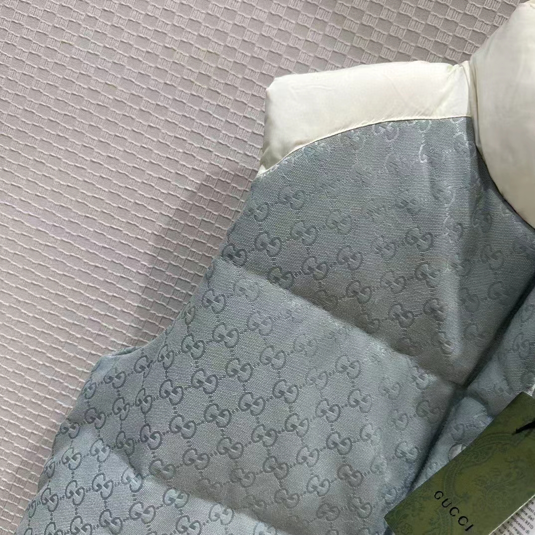 Gucci Women GG Cotton Canvas Padded Vest Blue Lined High Neck Sleeveless Two Side Pockets