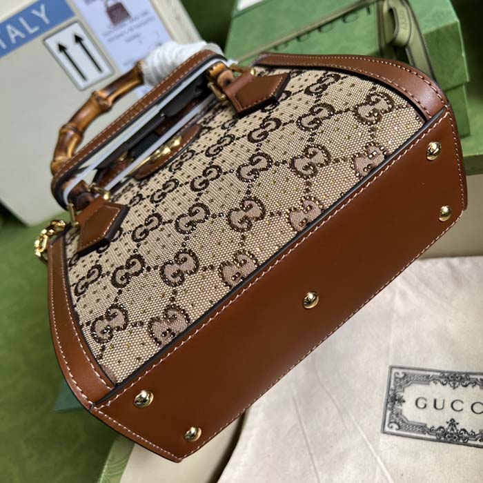 Gucci Women Diana Mini Tote Bag Camel Ebony GG Canvas Crystals Double G