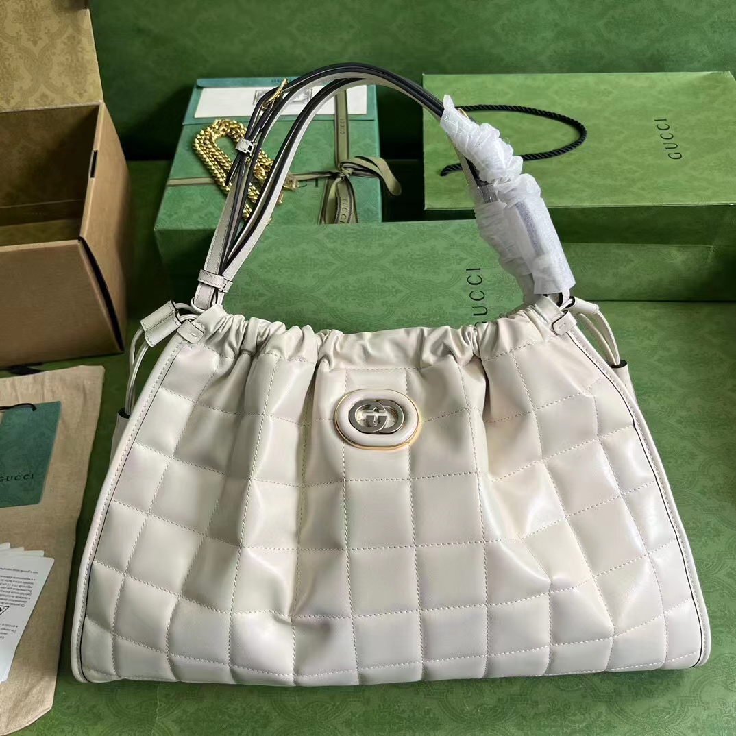 Gucci Women GG Deco Medium Tote Bag White Quilted Leather Interlocking G