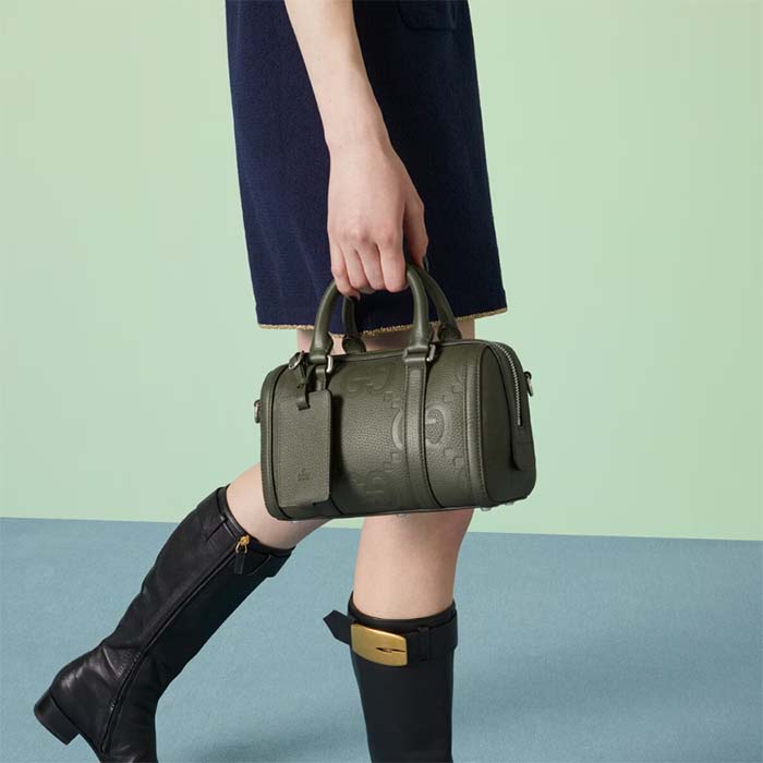 Gucci Unisex Jumbo GG Mini Duffle Bag Dark Green Leather Double G Zip Closure