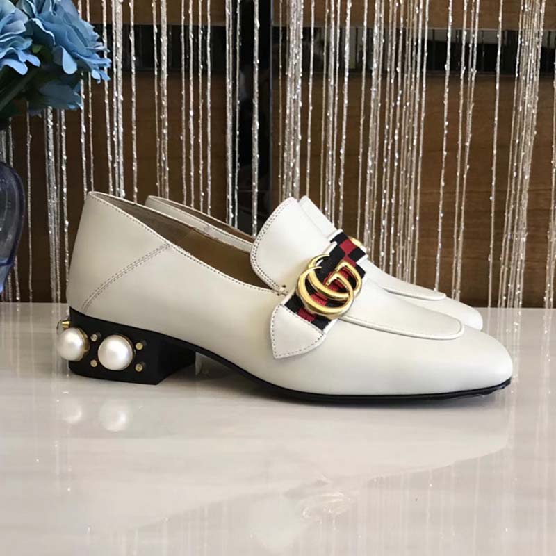 Gucci Women Leather Mid-Heel Loafer with Blue and Red Web-White