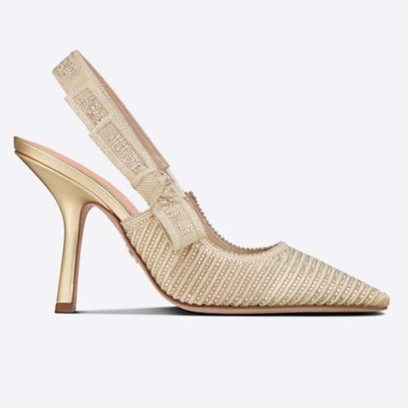 Dior Women CD J’Adior Slingback Pump Gold-Tone Cotton Embroidered Metallic Thread Strass