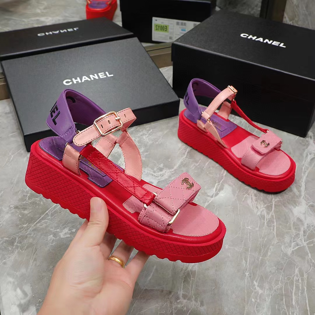 Chanel Women Open Toe Sandal in Calfskin Leather Purple Pink