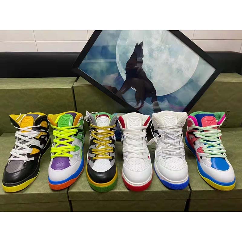 Gucci Unisex GG Gucci Basket Sneaker Black Demetra Rubber Interlocking Grey Mesh