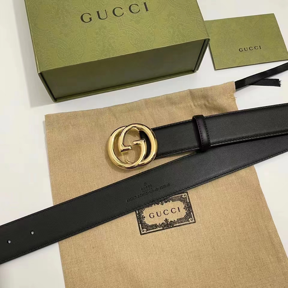 Gucci Unisex GG Blondie Belt Round Interlocking G Buckle Black Leather 4 CM Width