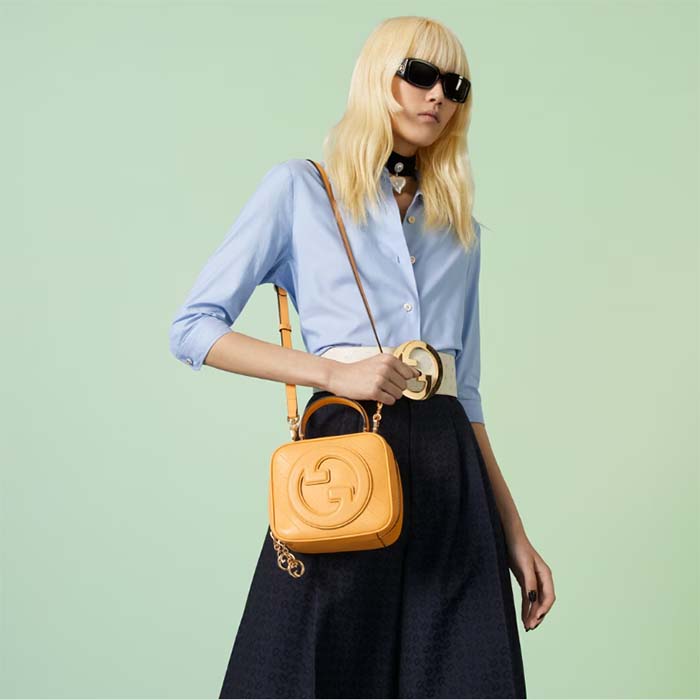 Gucci Women GG Blondie Top Handle Bag Yellow Leather Round Interlocking G