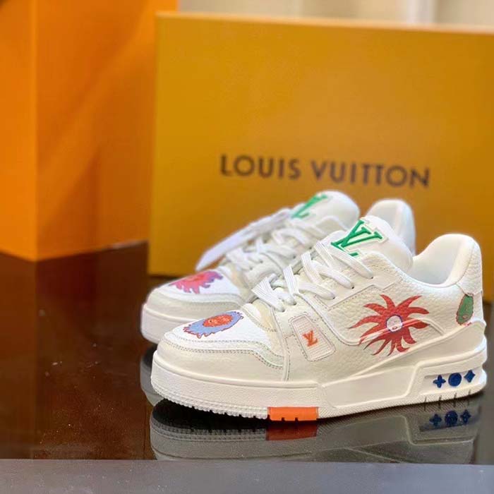 Louis Vuitton Unisex LV x YK LV Trainer Sneaker White Printed Grained Calf Leather Monogram Flowers