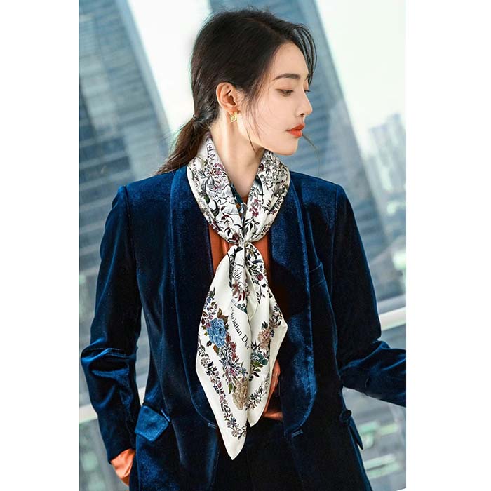 Dior CD Women Jardin D’Hiver 90 Square Scarf White Multicolor Silk Twill