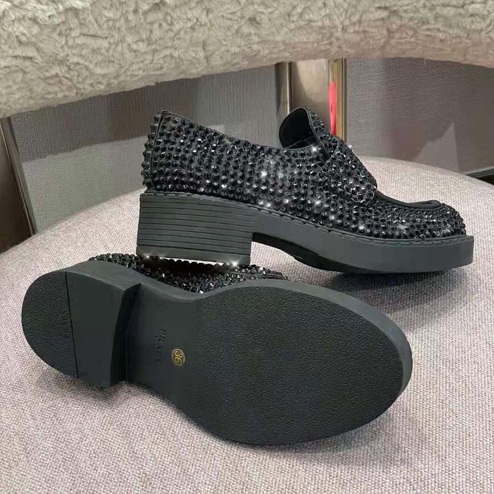 Prada Women Chocolate Satin Loafers with Crystals-Black