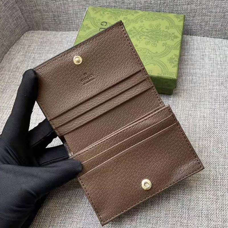 Gucci Unisex GG Ophidia Card Case Wallet Brown Leather Beige Ebony Supreme Canvas