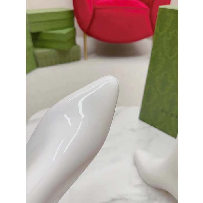 Gucci Women Interlocking G Ankle Boot White Shiny Rubber Matte Point Toe Low-Heel