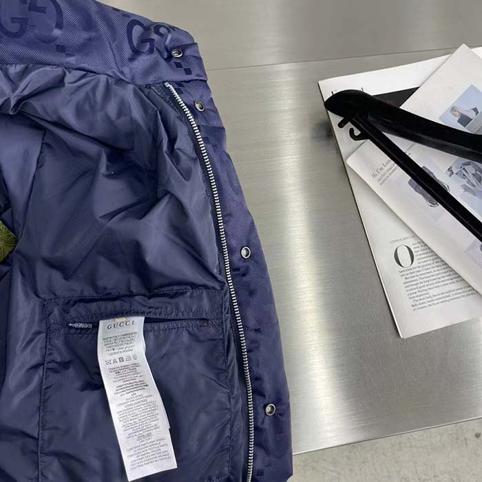 Gucci Men Jumbo GG Canvas Down Jacket Blue Nylon Front Zip Pockets