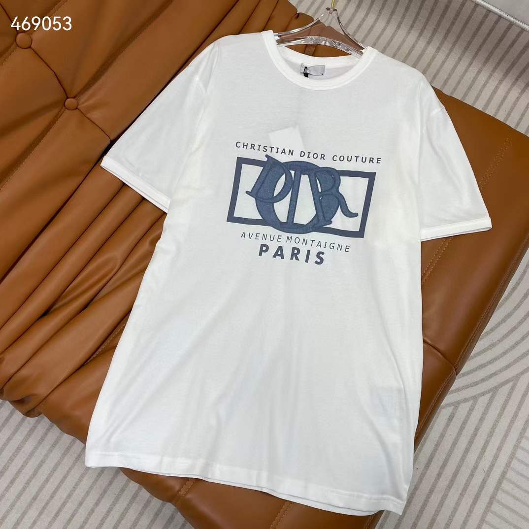 Dior CD Women Relaxed-Fit T-Shirt White Cotton Jersey Ribbed Crew Neck