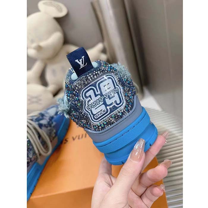 Louis Vuitton Unisex LV Skate Sneaker Blue Swarovski Crystals Monogram Denim Double Laces Rubber