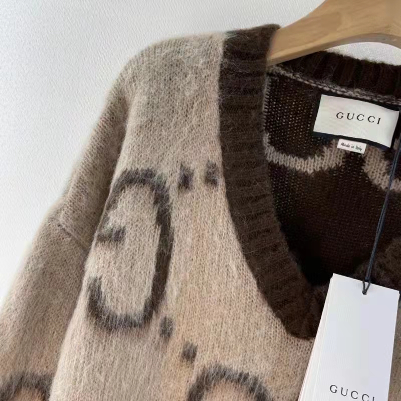 Gucci Women GG Mohair Wool V-Neck Sweater Beige Brown