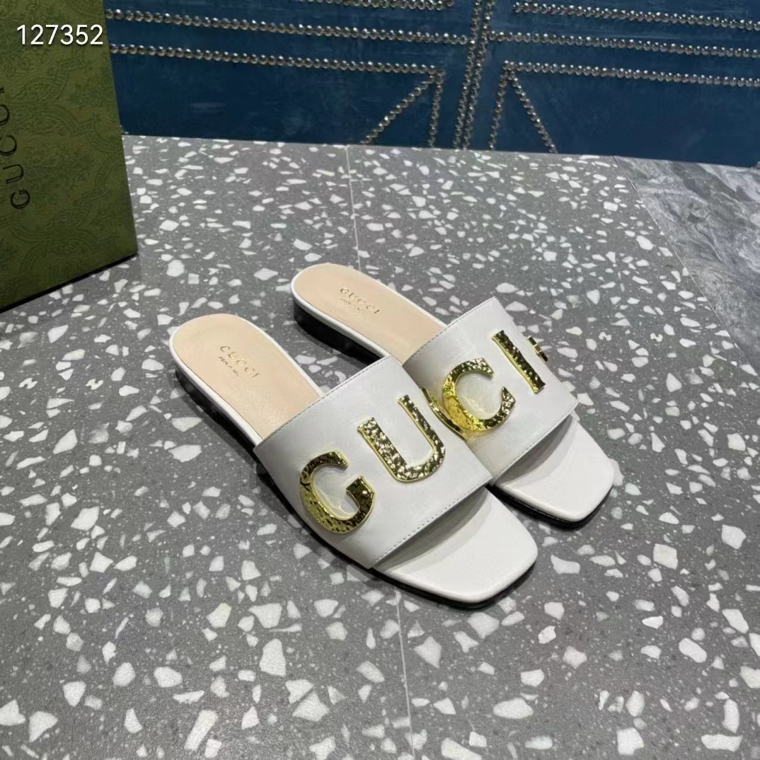 Gucci Women GG Slide Sandal White Leather Textured Logo Star Flat 1 Cm Heel