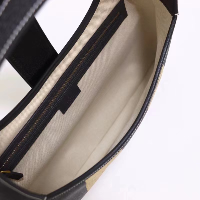 Gucci Women GG Aphrodite Medium Shoulder Bag Beige Black Cotton Canvas Black Leather