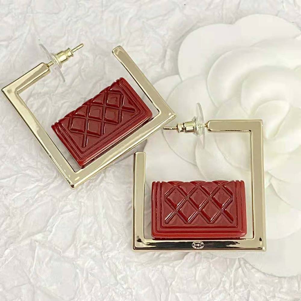 Chanel Women Hoop Earrings in Metal and Resin-Red