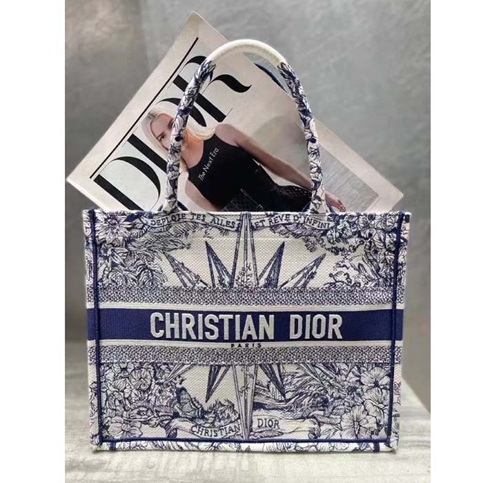 Dior Unisex CD Medium Book Tote White Blue Rêve D’Infini Embroidery