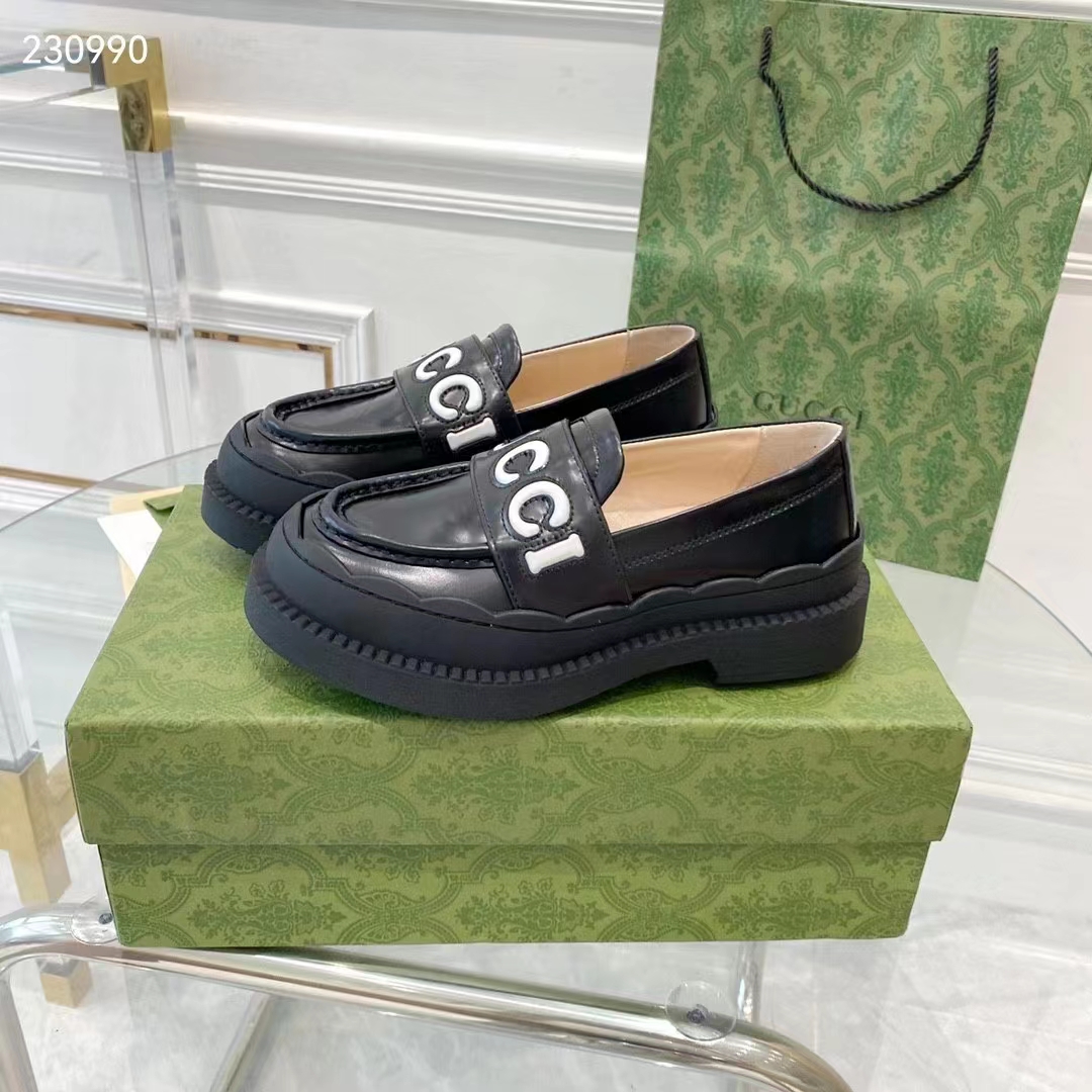 Gucci GG Women Gucci Loafer Black White Leather Scalloped Script Rubber Sole Mid-Heel
