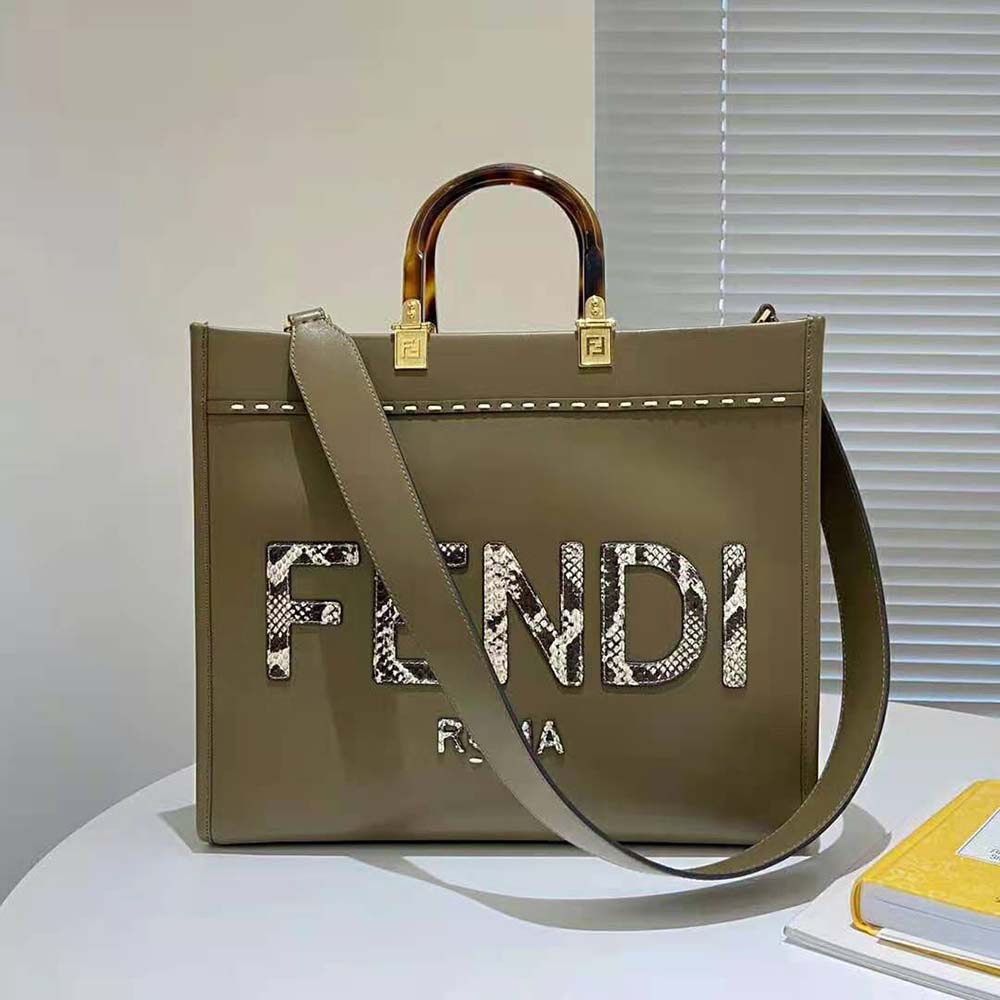 Fendi Women Sunshine Medium Gray Leather and Elaphe Shopper