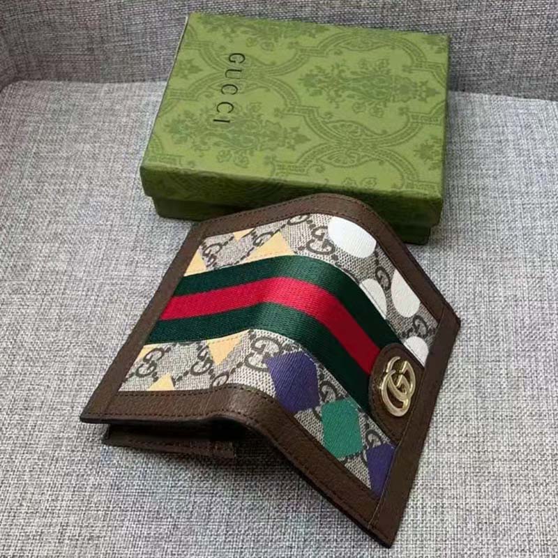 Gucci Unisex GG Ophidia Card Case Wallet Brown Leather Beige Ebony Supreme Canvas