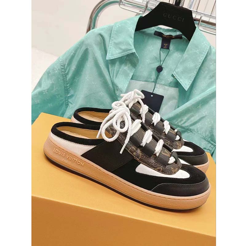Louis Vuitton Women LV Lous Open-Back Sneaker Black Suede Calf Leather Double Laces