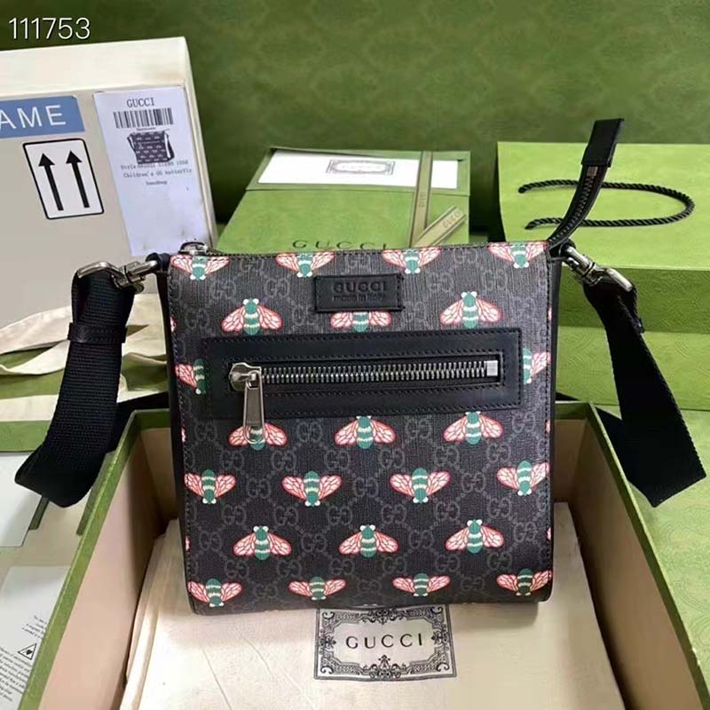 Gucci Unisex Gucci Bestiary Messenger Bag Bees Black GG Supreme Canvas