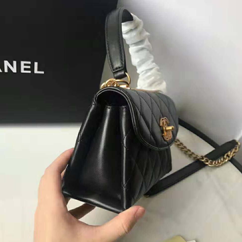 Chanel Women Flap Bag with Top Handle in Lambskin Leather-Black