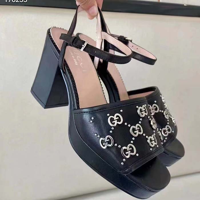 Gucci Women GG Interlocking G Studs Sandal Black Leather Mid 8 Cm Heel