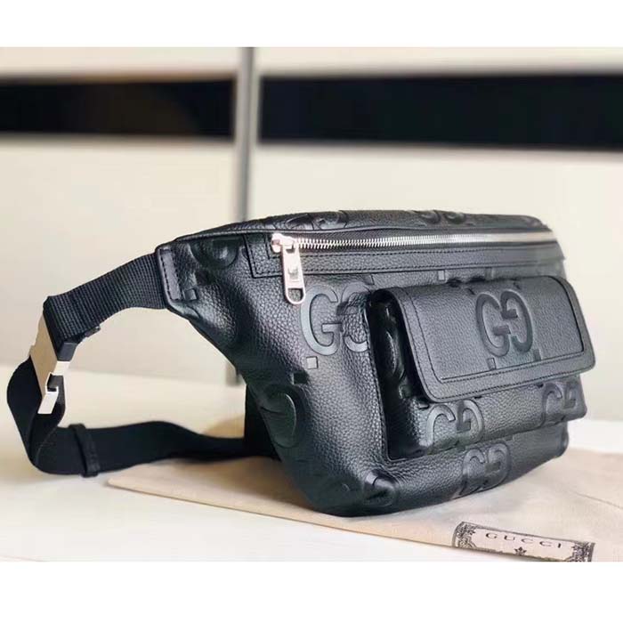 Gucci Unisex Jumbo GG Belt Bag Black Leather Zip Closure