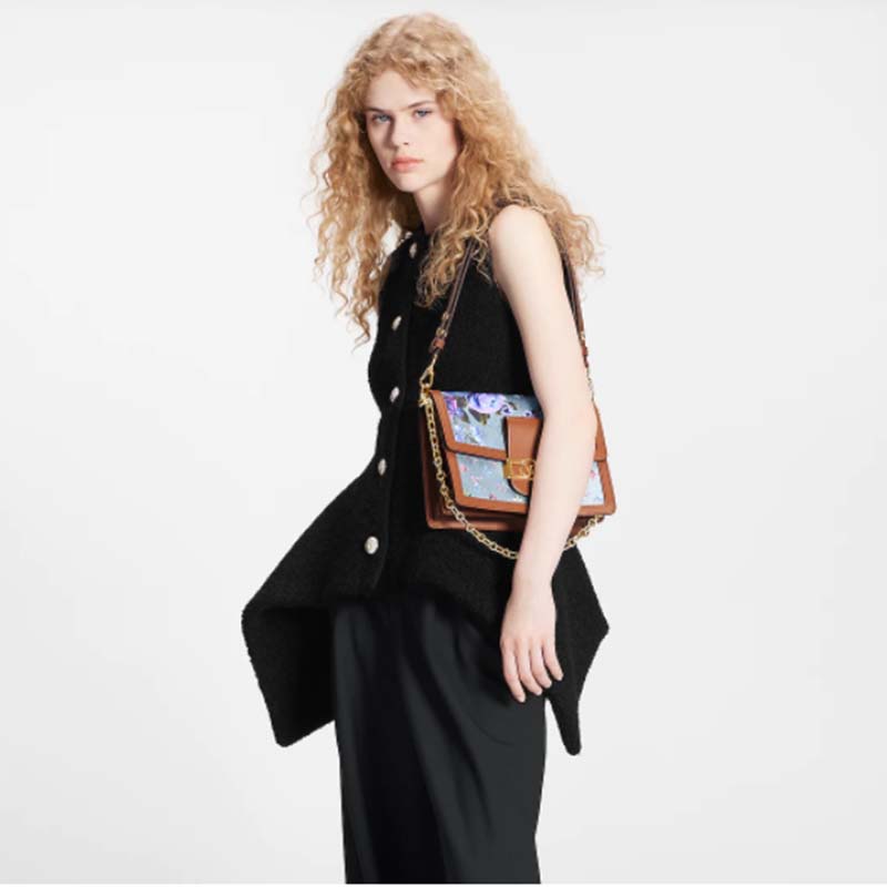 Louis Vuitton LV Women Dauphine MM Handbag Blue Coated Canvas Cowhide Leather