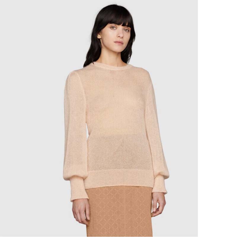 Gucci GG Women Silk Mohair Sweater Feathers Beige Double G Embroidery Crewneck