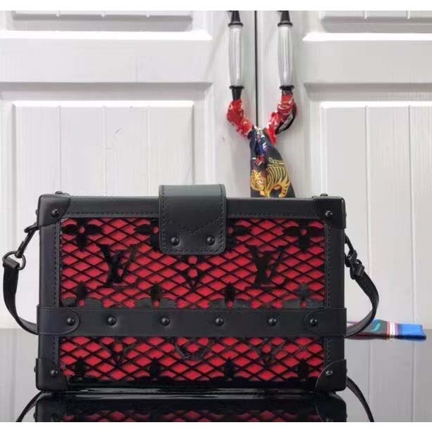 Louis Vuitton LV Women Petite Malle Handbag Black Patent Calfskin Cowhide Leather