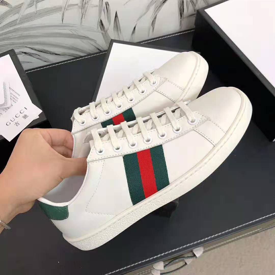 Gucci Unisex Ace Leather Sneaker White Leather with Green Crocodile Detail