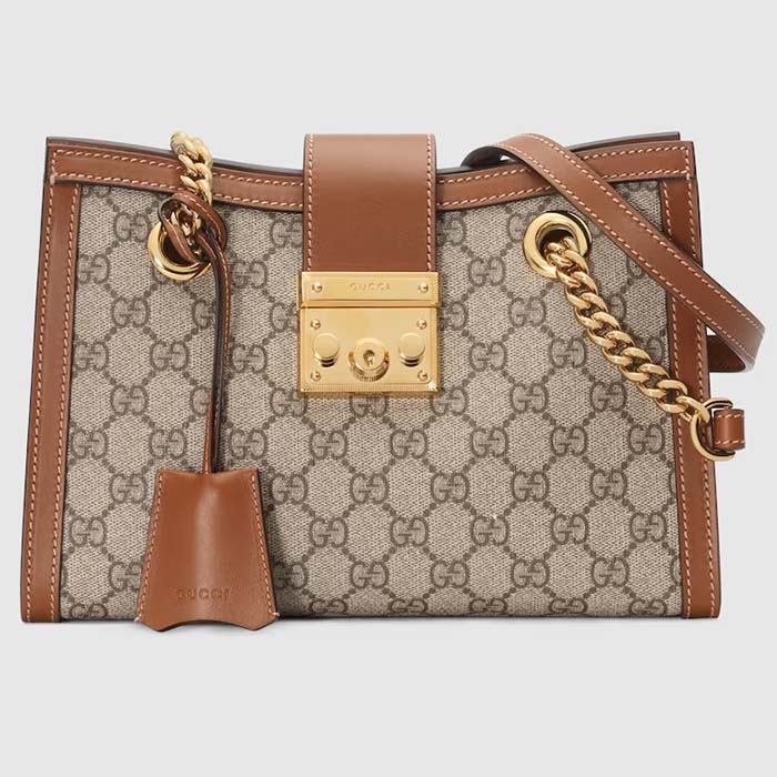 Gucci Women Padlock Small GG Shoulder Bag Beige Ebony GG Supreme Canvas Brown Leather