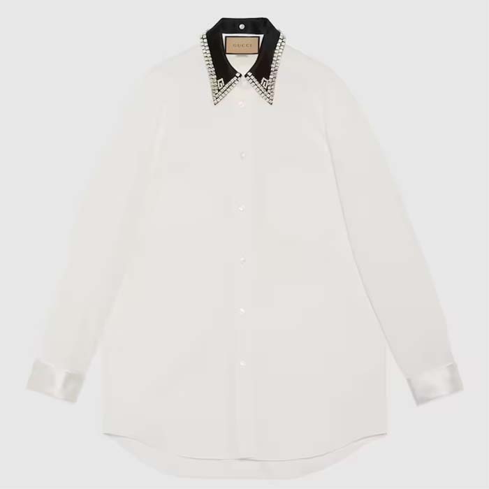 Gucci Men GG Cotton Shirt Detachable Collar White Poplin Long Sleeves
