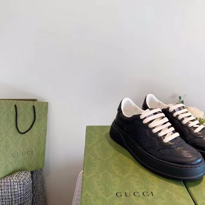 Gucci Unisex Ace GG Embossed Sneaker Black GG Embossed Leather Rubber Sole