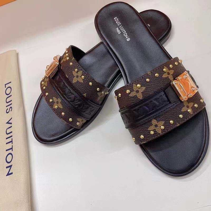 Louis Vuitton LV Women Lock It Flat Mule Black Patent Monogram Canvas