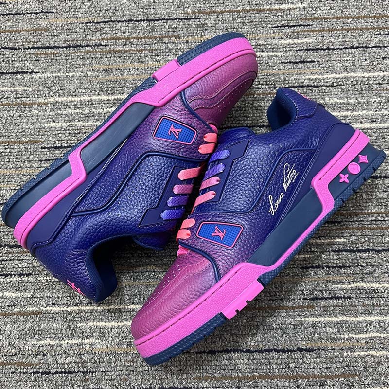 Louis Vuitton Unisex LV Trainer Sneaker Pink Grained Calf Leather Rubber Monogram Flowers