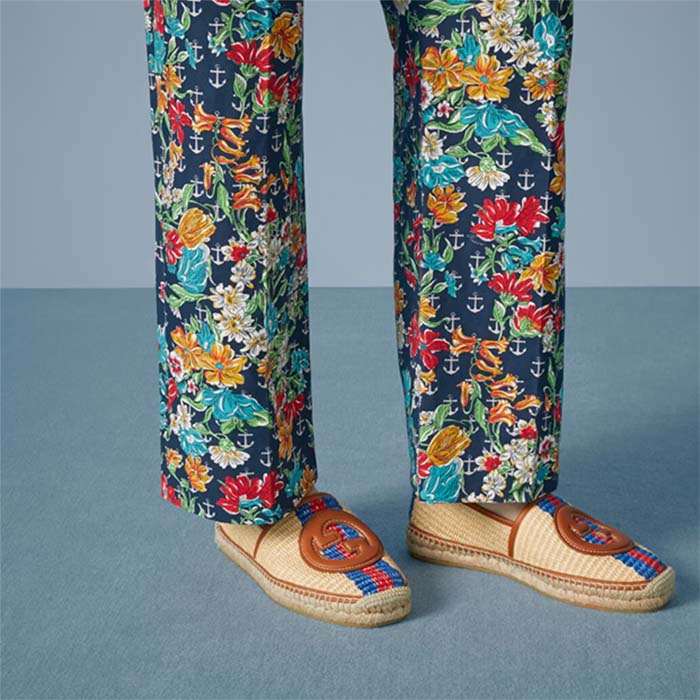 Gucci Unisex GG Interlocking G Espadrilles Natural Raffia Brown Leather Round Toe Flat