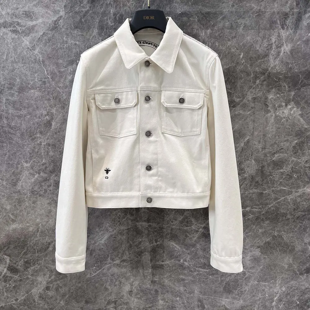 Dior Men Jacket White Cotton Denim with Gold-Tone Dior Around the World Motif