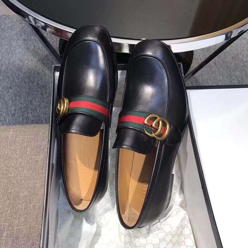 Gucci Men Leather Loafer with GG Web Shoes-Black