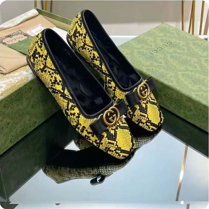Gucci Women GG Python Ballet Flat Yellow Black Leather Interlocking G Black Leather Bow