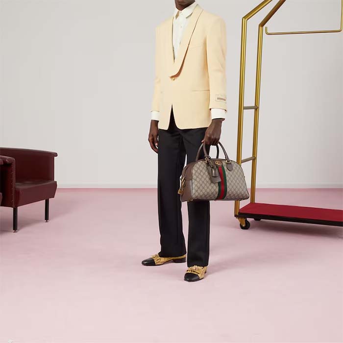 Gucci GG Unisex Savoy Medium Bowling Bag Beige Ebony GG Supreme Canvas Double G