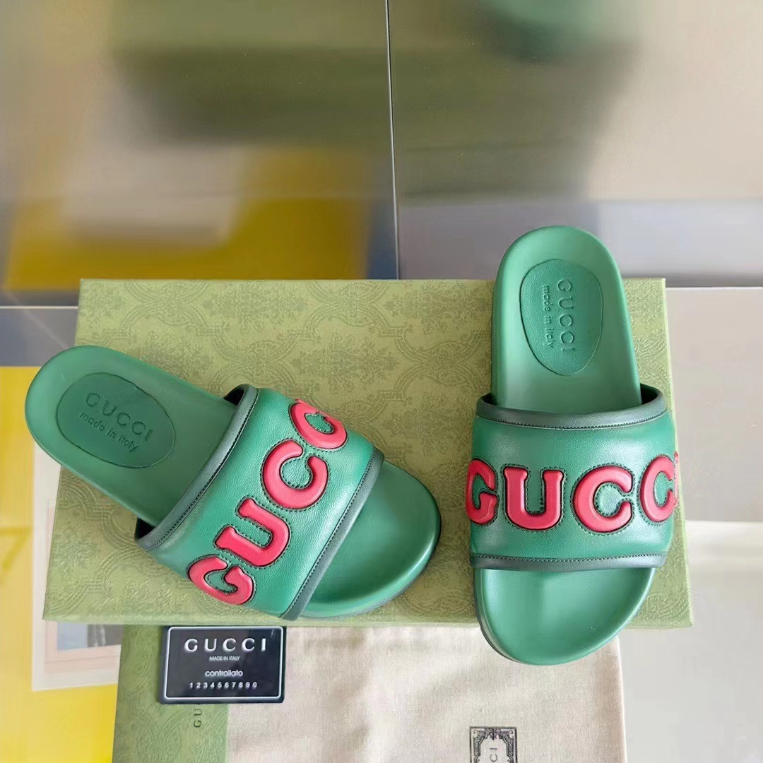Gucci Unisex GG Slide Sandal Green Red Leather Script Rubber Flat 1 CM Heel