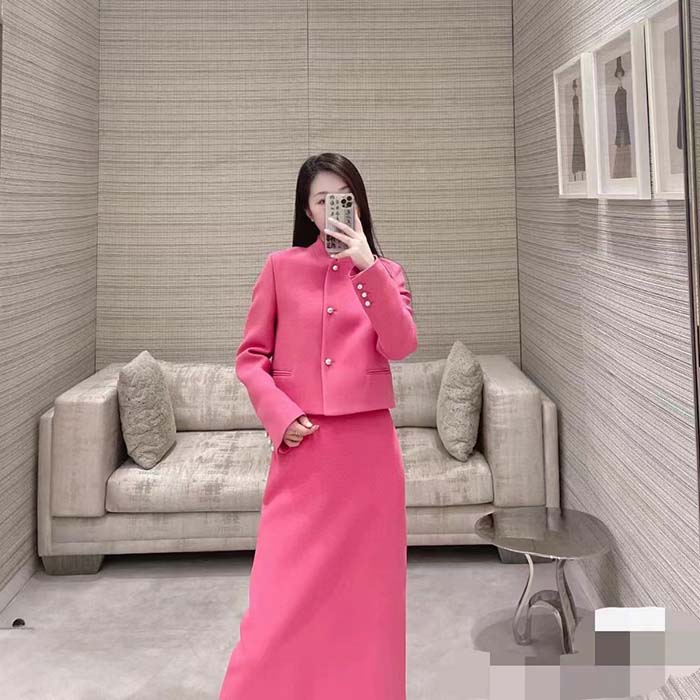 Dior Women CD Cropped Jacket Passion Pink Wool Silk Long Sleeves