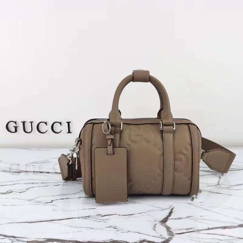 Gucci Unisex Jumbo GG Mini Duffle Bag Taupe Leather Double G Zip Closure